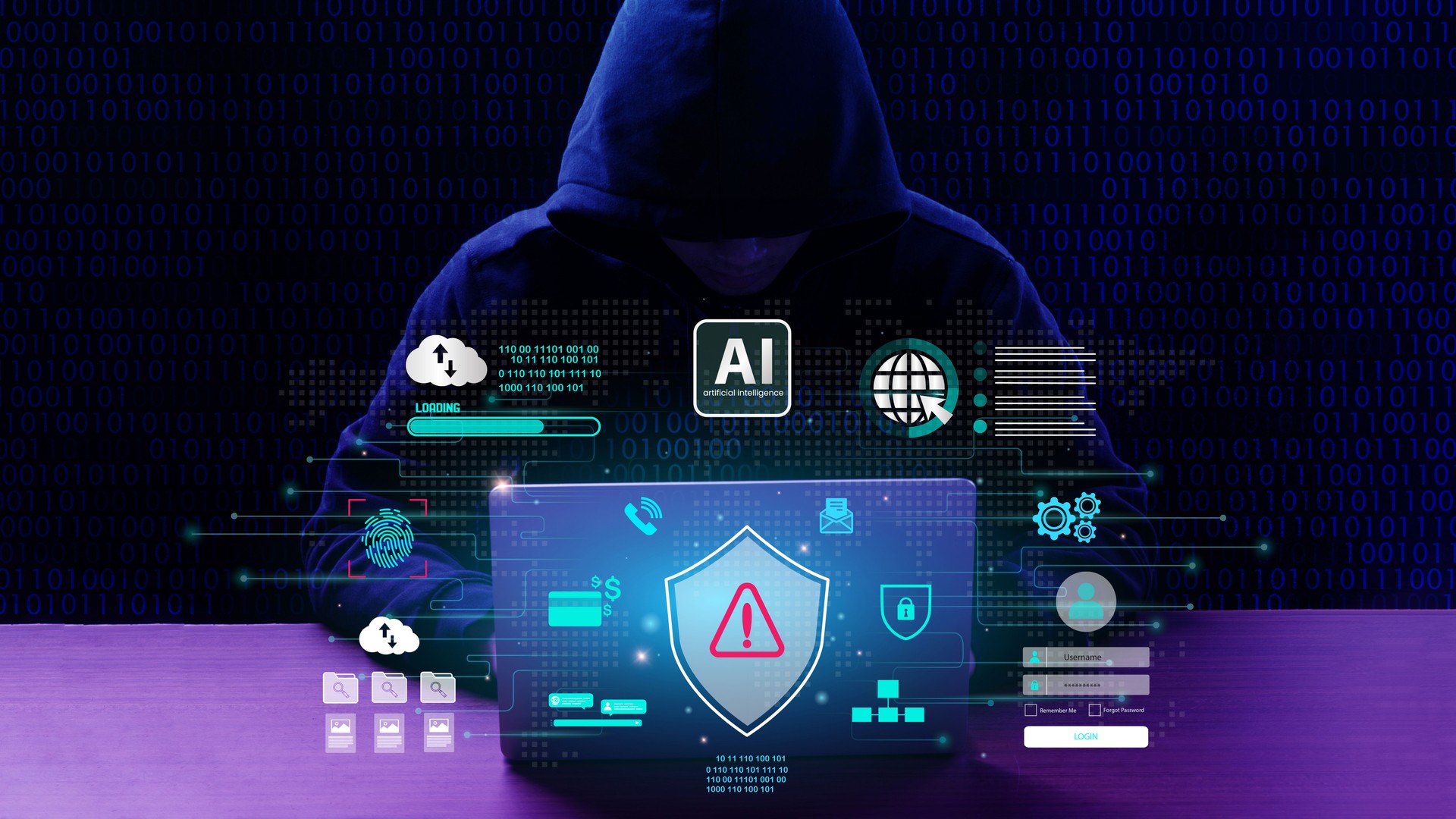 BlackNode Segurança cibernética e aviso técnico ou conceito de golpe. Os hackers utilizam algoritmos de IA (Inteligência Artificial) para automatizar ataques, aumentando a velocidade, escalabilidade e sofisticação. Hacking de robôs de IA. Plano de Proteção da GM Marketing contra fraude. Camila AI