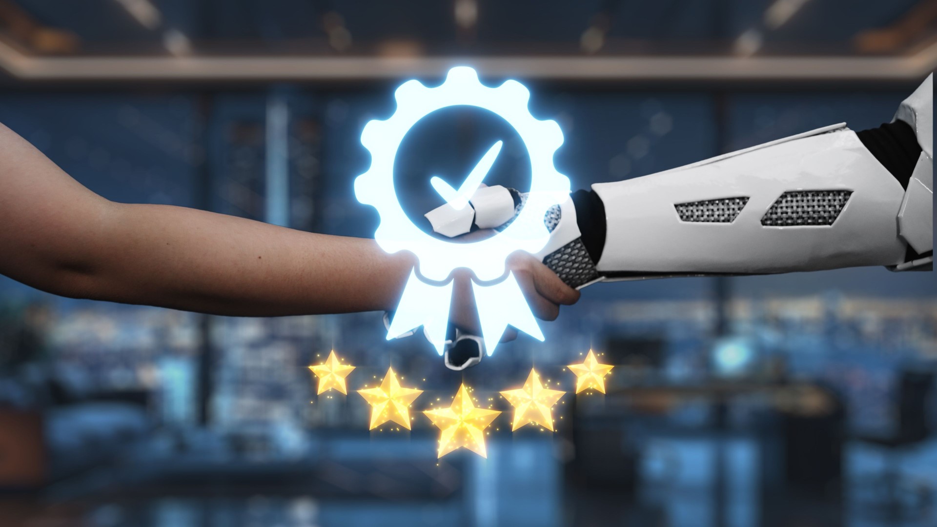 Mão humana estendendo a mão para o braço robótico metálico com símbolo de prêmio e estrelas por excelência em integração de tecnologia e colaboração humano-robô. Auvana